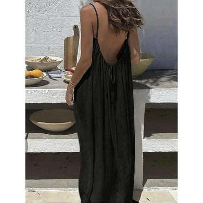 Solid-Color Spaghetti Strap Casual Maxi Dress, Sleeveless Elegant Design
