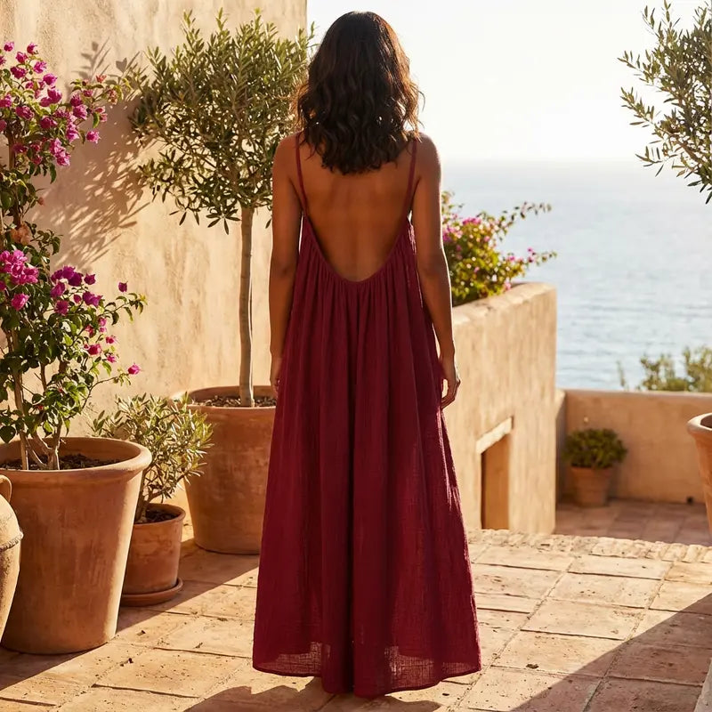 Solid-Color Spaghetti Strap Casual Maxi Dress, Sleeveless Elegant Design