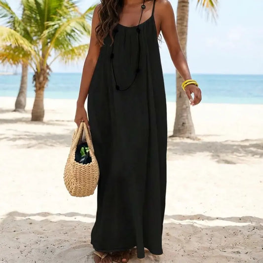 Solid-Color Spaghetti Strap Casual Maxi Dress, Sleeveless Elegant Design