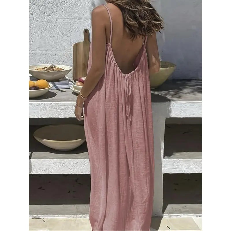 Solid-Color Spaghetti Strap Casual Maxi Dress, Sleeveless Elegant Design